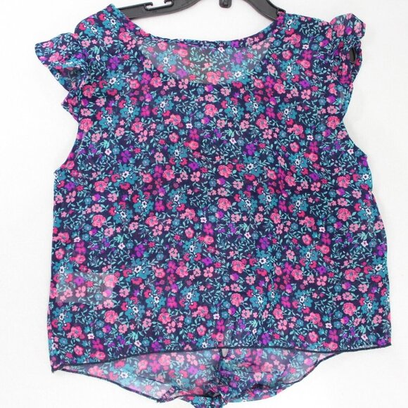 Faded Glory Girls XS (4-5) Blue Pink Floral Flutter Sleeve Sheer Shirt NWOT - Picture 5 of 5